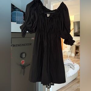 ELF Black Puff-Sleeve Smocked Mini Dress